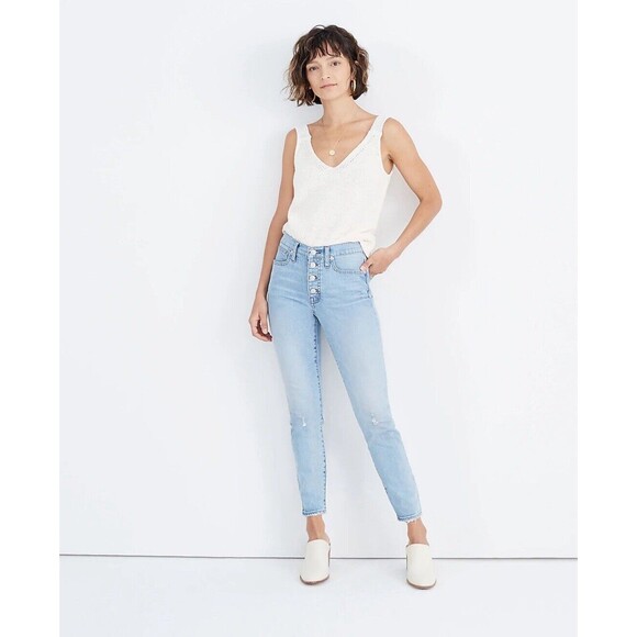 Madewell 9" High Rise Skinny Jeans Distressed Light Wash Button Fly Size 25 EUC! - Picture 1 of 7
